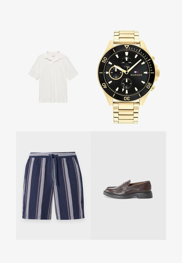 Polo a maniche corte in cotone bianco sporco, con colletto classico, spacchi laterali e superficie testurizzata per un comfort ottimale.; Pantaloni da bagno blu navy con motivo a righe verticali in bianco e rosso, cintura elastica e cordoncino, realizzati in tessuto leggero.; Mocassini in pelle marrone con finitura liscia, punta arrotondata, cuciture minime e suola spessa in gomma nera. Nessun hardware o accenti visibili.; Orologio in metallo color oro con quadrante nero, indicatori luminosi e tre sotto-quadranti. Presenta un cinturino testurizzato e il logo “HILFIGER” al centro.; Orecchini a croce in oro con una finitura liscia e un gancio appeso, caratterizzati da un design semplice e allungato. Ogni croce è uniforme in dimensione.