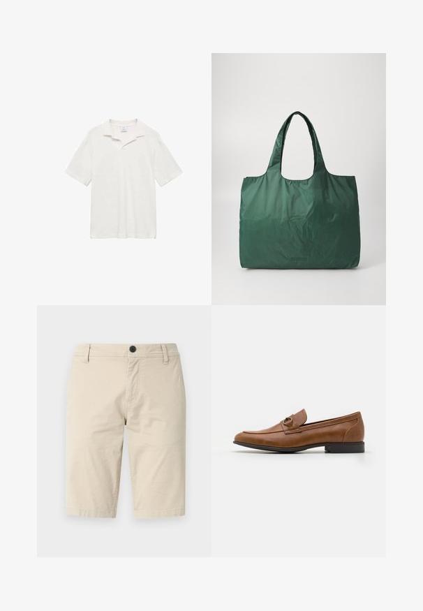 Polo à manches courtes en coton écru, avec un col classique, des fentes sur les côtés et une surface texturée pour un confort optimal.; Shorts beiges en tissu léger, avec un devant plat, une fermeture à un bouton et deux poches latérales ; texture lisse.; Mocassins en cuir marron avec un talon plat, ornés d'un accent métallique décoratif à l'avant, au design épuré et à la texture lisse.; Sac fourre-tout en nylon vert avec une texture lisse, de grande taille et deux poignées robustes. Présente un logo minimaliste près du bas.; Montre en métal argenté avec un cadran bleu brossé, des index heures blancs et un affichage de la date. Comprend un bracelet métallique à maillons et le logo de la marque.; Boucles d'oreilles en croix dorées avec une finition lisse et une boucle suspendue, présentant un design simple et allongé. Chaque croix est de taille uniforme.