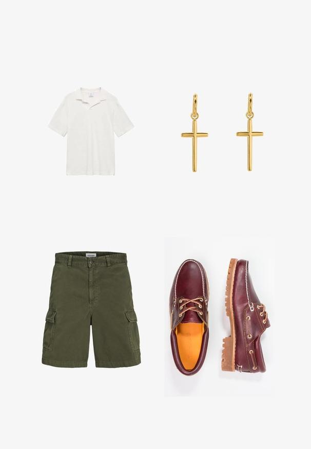 Korte mouwen polo shirt in gebroken wit katoen, met een klassieke kraag, zijsplitten en een gestructureerd oppervlak voor een comfortabele pasvorm.; Olijfgroene cargoshorts van katoen, met een ritssluiting, riemlussen, zijzakken en een rechte snit.; Bordeaux leren schoenen met bruine rubberen zolen, ronde neus, witte stiksels en gouden veterogen. Het interieur heeft een gele voering.; Gouden kruisoorbellen met een gladde afwerking en een hanglus, met een eenvoudig, langwerpig ontwerp. Elk kruis heeft een uniforme maat.
