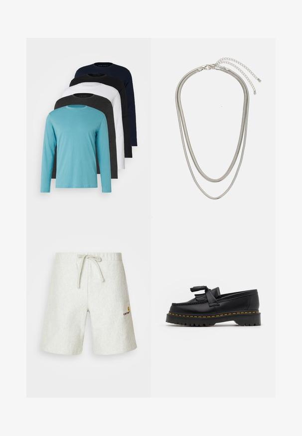 Pet dugih rukava u nizu: tirkizna, crna, bijela, tamno siva i mornarsko plava. Mekani materijal s dizajnom okruglog izreza i standardnim krojem.; Svijetlosivi šorts izrađeni od teksturiranog materijala. Ima podesivu elastičnu traku i mali logo s lijeve strane.; Crna kožna loaferica s resicama, koja ima čvrst crni potplat i žute šavove duž ruba. Teksturirana završna obrada.; Necklace od tri sloja srebrnog metala s elegantnim, fleksibilnim lančićima blagog sjaja, zatvoren s karabinera i prilagodljivim lančićem.