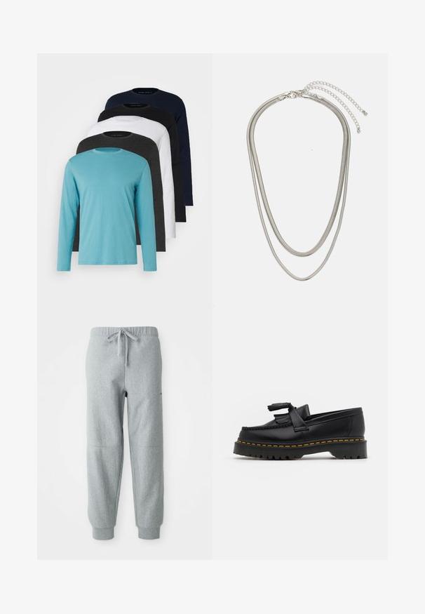 Five long-sleeve T-shirts in a row: turquoise, black, white, dark gray, and navy blue. Soft fabric with crew neck design and standard fit.; Grey fleece jogger pants with an elastic waistband, drawstring, and cuffed ankles. Features textured fabric and subtle seam detailing.; Black leather loafer with a tasseled accent, featuring a chunky black sole and yellow stitching along the edge. Textured finish.; Three-layered silver metal necklace featuring sleek, flexible chains with a slight sheen, secured with a lobster clasp and adjustable chain.