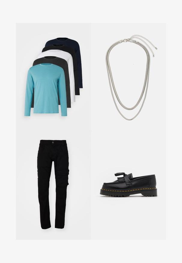 Cinq T-shirts à manches longues alignés : turquoise, noir, blanc, gris foncé et bleu marine. Tissu doux avec un col rond et une coupe standard.; Pantalons cargo noirs avec une coupe ajustée, fabriqués en tissu en coton durable. Comprend plusieurs poches et une fermeture à bouton à la taille.; Mocassin en cuir noir avec un accent à frange, doté d'une semelle épaisse noire et d'une couture jaune le long du bord. Fini texturé.; Collier en métal argenté à trois couches présentant des chaînes flexibles et élégantes avec un léger éclat, sécurisé par un fermoir en forme de homard et une chaîne ajustable.