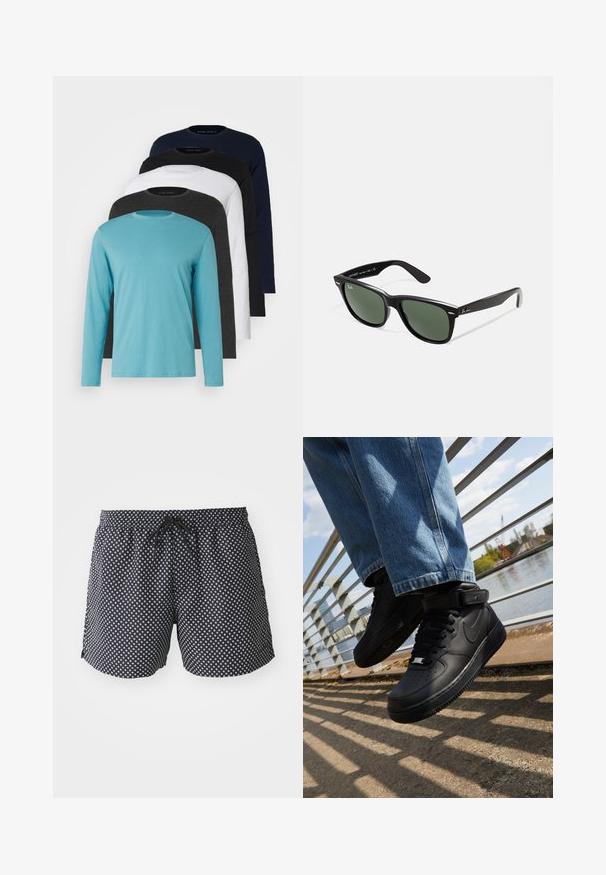 Vijf longsleeve T-shirts in een rij: turquoise, zwart, wit, donkergrijs en marineblauw. Zachte stof met een ronde hals en een standaard pasvorm.; Zwarte zwembroek met een wit cirkelvormig patroon, elastische tailleband met een trekkoord en een losse pasvorm voor comfort.; Zwarte Nike Air Force 1 sneakers met leren bovenkant, mesh tong en rubberen zool, met een high-top ontwerp en dikke veters.; Zwarte plastic zonnebril met groene lenzen, vierkante montuur, zilveren accent op de wenkbrauw en een gestructureerde tempel. Merken vermeld op de binnenkant van de arm.