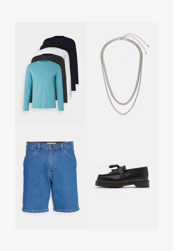 Fem lange ermer T-skjorter på rad: turkis, svart, hvit, mørkegrå og marineblå. Myk stoff med rund halsdesign og standard passform.; Blå denimshorts med klassisk design, fem lommer, knappelukking og rett snitt med kantede kanter.; Svart skinn loafers med en kvastdetalj, med en tjock svart sula och gul sömnad längs kanten. Texturerad yta.; Tre-lags sølvmetallkjede med elegante, fleksible kjeder med en svak glans, sikret med en krabbe-lås og justerbar kjede.