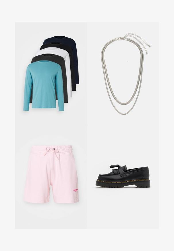 Fünf Langarm-T-Shirts in einer Reihe: türkis, schwarz, weiß, dunkelgrau und navyblau. Weicher Stoff mit Rundhalsausschnitt und normaler Passform.; Helle rosa Baumwollshorts mit elastischem Bund und Kordelzug. Verfügt über gestickten Text in dunklerem Rosa auf der rechten Vorderseite.; Schwarze Lederloafers mit einem fransenverzierten Akzent, ausgestattet mit einer robusten schwarzen Sohle und gelber Naht entlang der Kante. Texturierte Oberfläche.; Dreischichtige Halskette aus Silbermetall mit schlanken, flexiblen Ketten mit leichtem Glanz, gesichert mit einem Karabinerverschluss und verstellbarer Kette.