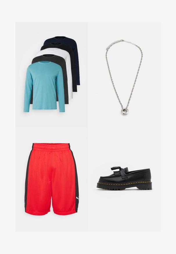 Viisi pitkähihapaitaa rivissä: turkoosi, musta, valkoinen, tummanharmaa ja tummansininen. Pehmeä kangas, jossa pyöreä kaula-aukko ja normaali istuvuus.; Punaiset urheilushortsit, joissa on mustat sivupaneelit, joustava vyötärö, verkkomateriaali ja valkoinen logotattys alhaalla oikealla puolella.; Musta nahkakengät, joissa on tupsuakkentti, paksu musta pohja ja keltainen ommel reunassa. Rakeinen pinta.; Hopeaketju, jonka väri on hopeanharmaa, on muotoiltu kierretyksi ja siinä on pyöreä riipus, jonka pinta on kiillotettu.