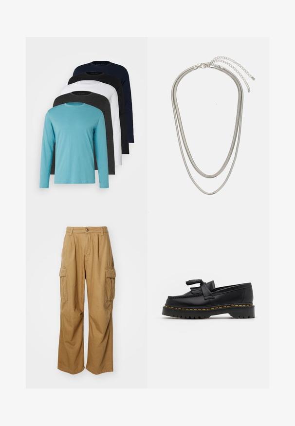 Five long-sleeve T-shirts in a row: turquoise, black, white, dark gray, and navy blue. Soft fabric with crew neck design and standard fit.; Tan cargo pants with a straight leg design, featuring two side pockets and a button closure. Made from a soft, durable fabric.; Black leather loafer with a tasseled accent, featuring a chunky black sole and yellow stitching along the edge. Textured finish.; Three-layered silver metal necklace featuring sleek, flexible chains with a slight sheen, secured with a lobster clasp and adjustable chain.