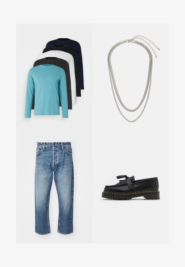 Pieci garie piedurkņu T-krekli rindā: tirkīza, melna, balta, tumši pelēka un jūras zila. Mīksts audums ar apaļu kakla izgriezumu un standarta piegriezumu.; Gaiši zili džinsi ar nolietotu apdari. Iespējas ietver taisnu griezumu, piecus kabatas un sudraba pogu aizdari.; Melnas ādas mokasīni ar pērlītēm uzsvaru, ar masīvu melnu zoli un dzeltenu šuvumu gar malu. Ar teksturētu apdari.; Trīslīmeņu sudraba metāla kaklarota ar gludām, elastīgām ķēdēm, kas spīd, droši piestiprināta ar omā uzgali un regulējamu ķēdi.