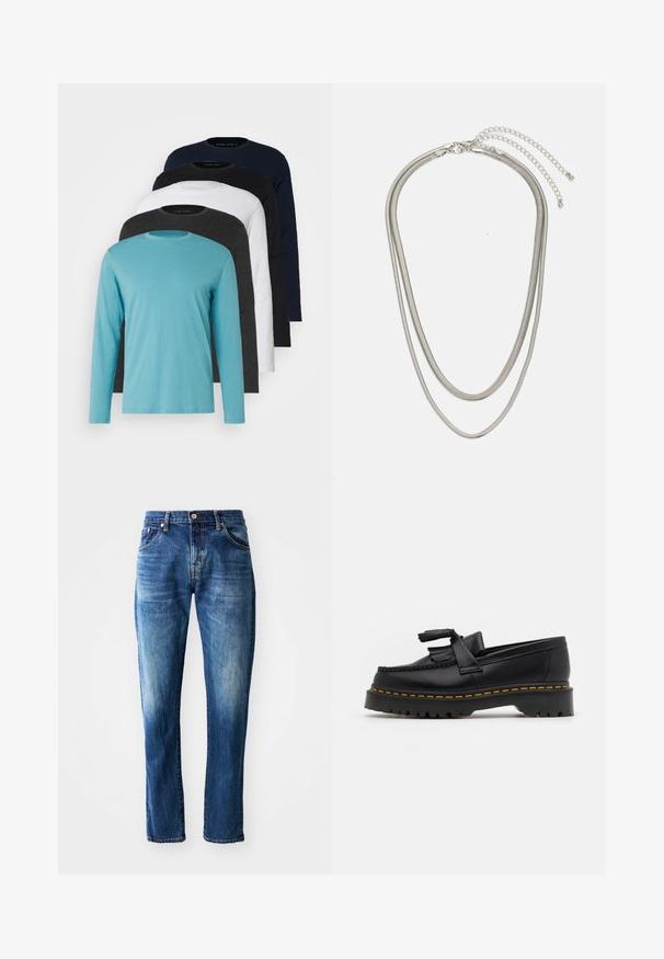 Five long-sleeve T-shirts in a row: turquoise, black, white, dark gray, and navy blue. Soft fabric with crew neck design and standard fit.; Dark blue denim jeans featuring a straight-leg cut, five pockets, faded detailing, and a front button closure with a zipper fly.; Black leather loafer with a tasseled accent, featuring a chunky black sole and yellow stitching along the edge. Textured finish.; Three-layered silver metal necklace featuring sleek, flexible chains with a slight sheen, secured with a lobster clasp and adjustable chain.