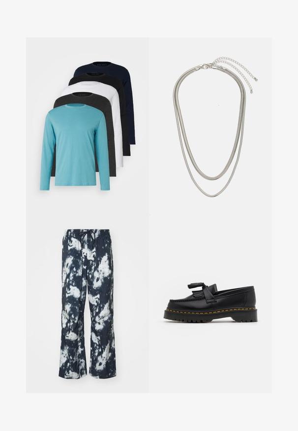 Pět triček s dlouhým rukávem v řadě: tyrkysová, černá, bílá, tmavě šedá a námořnická modř. Měkká látka s designem kulatého výstřihu a standardním střihem.; Kalhoty s obecně netradičním uměleckým designem v černobílé barvě, elastickým pasem se stahovací šňůrkou, volným střihem a jemným, lehkým materiálem.; Černé kožené mokasíny s třásněmi, se silnou černou podrážkou a žlutým prošíváním podél okraje. Texturovaný povrch.; Vícevrstvý stříbrný kovový náhrdelník s elegantními, flexibilními řetízky s jemným leskem, zabezpečený karabinkou a nastavitelným řetízkem.