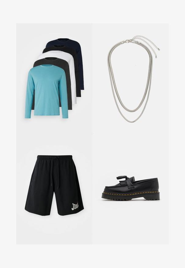 Päť tričiek s dlhým rukávom v rade: tyrkysová, čierna, biela, tmavošedá a námornícka modrá. Mäkká látka s kruhovým výstrihom a štandardným strihom.; Čierne športové šortky s elastickým pásom a šnúrkou, so značným logom "JORDAN" a malou červenou ikonou.; Čierne kožené loafre s detailom na strapcoch, s masívnou čiernou podrážkou a žltým prešitím pozdĺž okraja. S textúrovaným povrchom.; Trojvrstvový náhrdelník zo strieborného kovu s elegantnými, flexibilnými reťazami s jemným leskom, zabezpečený sponou typu langusta a nastaviteľným reťazcom.