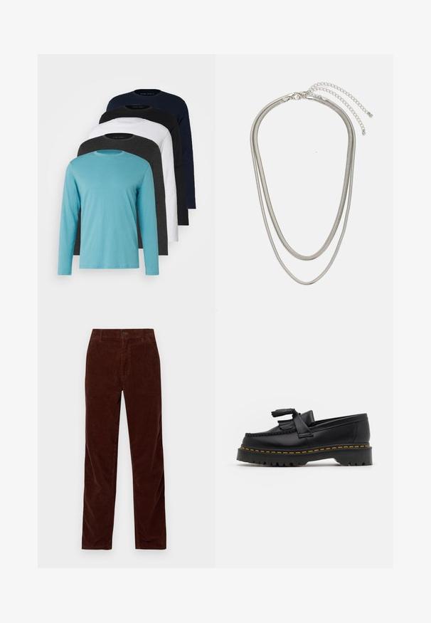 Πέντε μακριά μανίκια μπλούζες το ένα δίπλα στο άλλο: τουρκουάζ, μαύρο, λευκό, σκούρο γκρι και ναυτικό μπλε. Μαλακό ύφασμα με σχέδιο για λαιμό crew και κανονική εφαρμογή.; Carhartt WIP SIMPLE PANT - Παντελόνι - offroad rinsed; Μαύρο δερμάτινο loafer με τασέλ καφέ, με χοντρή μαύρη σόλα και κίτρινη ραφή στην άκρη. Υφή με υλικό texture.; Αλυσίδα τριών επιπέδων από ασημένιο μέταλλο, με κομψές, ευέλικτες αλυσίδες που έχουν ελαφριά γυαλάδα, ασφαλισμένη με κούμπωμα με καβίλι και ρυθμιζόμενη αλυσίδα.