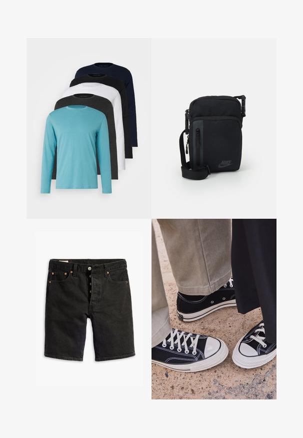 Cinco camisetas de manga larga en fila: turquesa, negra, blanca, gris oscuro y azul marino. Tejido suave con diseño de cuello redondo y ajuste estándar.; Levi's® ORIGINAL - Shorts vaqueros - black; Zapatillas de lona negras con punteras y cordones de goma blanca. Las costuras en contraste y los ojales de metal añaden detalle. Llevadas con pantalones beige y tela negra.; Bolso de hombro de nylon negro con compartimentos con cremallera, correa ajustable y un sutil detalle del logo en la parte frontal. Textura suave y forma rectangular.