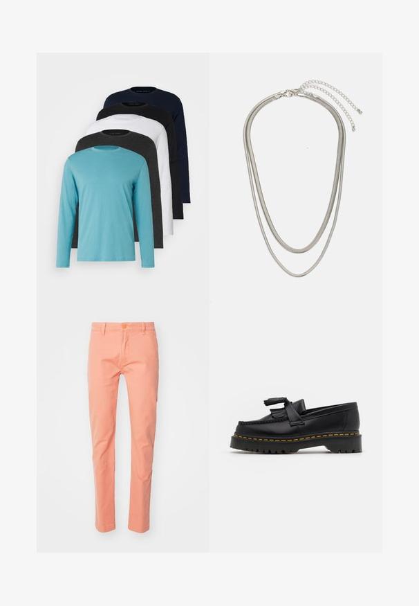 Vijf longsleeve T-shirts in een rij: turquoise, zwart, wit, donkergrijs en marineblauw. Zachte stof met een ronde hals en een standaard pasvorm.; Perzikkleurige, slim-fit broek gemaakt van katoen met een gladde textuur, met een knoopsluiting en riemlussen, in een taps toelopende pasvorm bij de enkel.; Zwarte leren loafers met een franjesaccent, voorzien van een dikke zwarte zool en gele stiksels langs de rand. Gevoelige afwerking.; Driedelige zilveren metalen halsketting met slanke, flexibele kettingen met een lichte glans, beveiligd met een karabijnhaak en een verstelbare ketting.