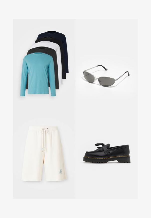 Five long-sleeve T-shirts in a row: turquoise, black, white, dark gray, and navy blue. Soft fabric with crew neck design and standard fit.; Light cream shorts made of textured fabric with an elastic waistband, adjustable drawstring, and a printed sun design on the left leg.; Black leather loafer with a tasseled accent, featuring a chunky black sole and yellow stitching along the edge. Textured finish.; Sunglasses with a sleek, silver metal frame, gray tinted lenses, and an aerodynamic design featuring pointed edges and thin arms.