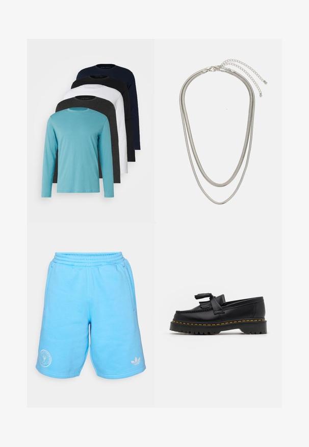 Penki ilgomis rankovėmis marškiniai išdėstyti eilėje: turkio, juodos, baltos, tamsiai pilkos ir tamsiai mėlynos spalvų. Minkšta medžiaga su apvalia apykakle ir standartiniu gaminiu.; Mėlynos sportinės šortai su elastingu juosmeniu, šoninėmis kišenėmis ir baltais logotipo akcentais apatinėje priekyje ir apdailoje. Minkšta audinio tekstūra.; Juodas odinis loaferis su kutais, turintis masyvų juodą pado ir geltonus siūlus palei kraštą. Textūruota danga.; Trijų sluoksnių sidabrinė metalinė apyrankė, kuri pasižymi stilingomis, lankstosiomis grandinėlėmis su švelniu blizgesiu, užsegama krabų užsegimu ir reguliuojama grandinė.