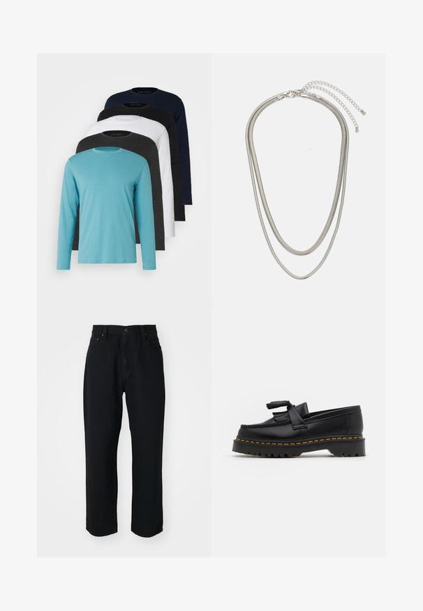 Cinco tricouri cu mânecă lungă într-o linie: turcoaz, negru, alb, gri închis și albastru marin. Material moale cu design guler rotund și croială standard.; Jeans negri din denim cu croi drept, textură ușoară, design cu cinci buzunare și închidere cu nasture la talie.; Mocasini din piele neagră cu un accent ciufulit, având o talpă groasă neagră și cusături galbene pe margine. Finisaj texturat.; Colier din metal argintiu în trei straturi, cu lanțuri elegante și flexibile, cu un ușor luciu, asigurat cu un închizător de tip homar și un lanț ajustabil.