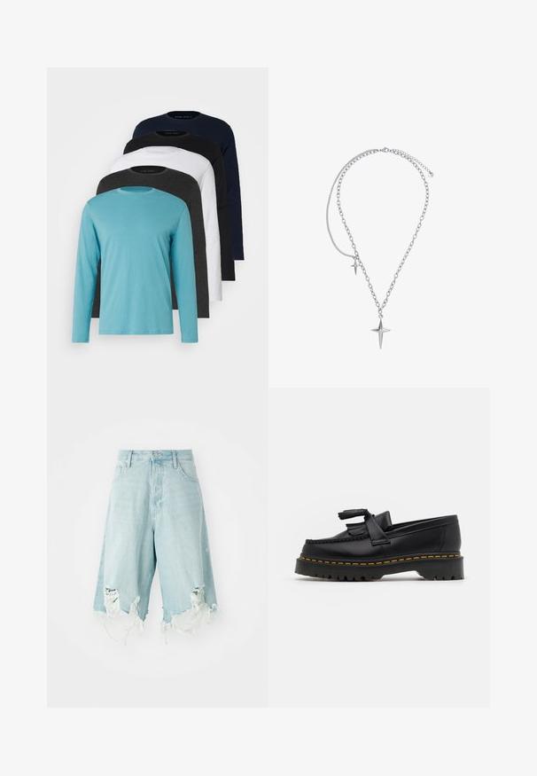 Five long-sleeve T-shirts in a row: turquoise, black, white, dark gray, and navy blue. Soft fabric with crew neck design and standard fit.; Light blue denim shorts with a high waist, featuring distressed areas and frayed hems. Designed with five pockets and a classic button closure.; Black leather loafer with a tasseled accent, featuring a chunky black sole and yellow stitching along the edge. Textured finish.; Heideman LUCA - Necklace - silberfarben poliert