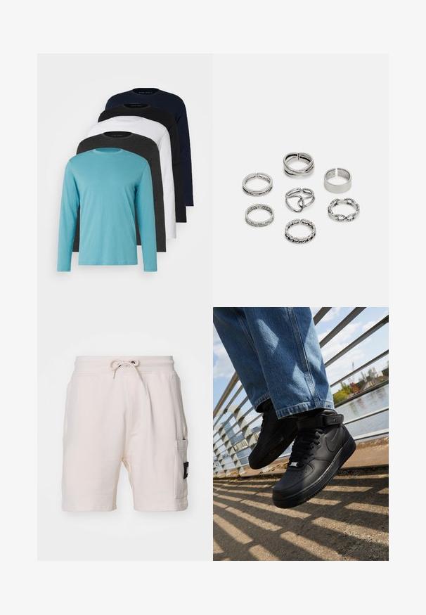 Cinque magliette a maniche lunghe in fila: turchese, nera, bianca, grigio scuro e blu navy. Tessuto morbido con design a girocollo e vestibilità standard.; Pantaloni corti in cotone beige chiaro con vita elastica, cordoncino, tasche laterali e un'etichetta patch nera distintiva su un lato.; Sneaker nere Nike Air Force 1 con tomaia in pelle, linguetta in mesh e suola in gomma, con un design high-top e lacci spessi.; Set di sette anelli in argento con diversi design, tra cui motivi attorcigliati, collegati e incisi. Diverse forme e larghezze.