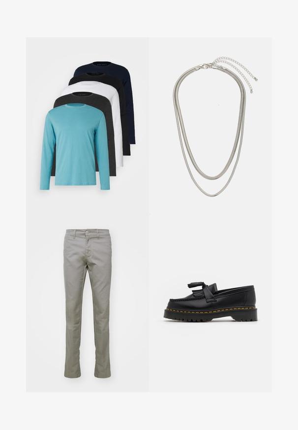 Pieci garie piedurkņu T-krekli rindā: tirkīza, melna, balta, tumši pelēka un jūras zila. Mīksts audums ar apaļu kakla izgriezumu un standarta piegriezumu.; Carhartt WIP SID PANT - Auduma bikses - misty grey; Melnas ādas mokasīni ar pērlītēm uzsvaru, ar masīvu melnu zoli un dzeltenu šuvumu gar malu. Ar teksturētu apdari.; Trīslīmeņu sudraba metāla kaklarota ar gludām, elastīgām ķēdēm, kas spīd, droši piestiprināta ar omā uzgali un regulējamu ķēdi.