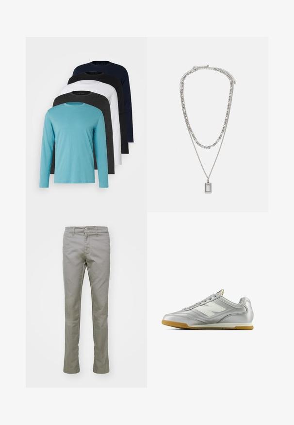 Cinque magliette a maniche lunghe in fila: turchese, nera, bianca, grigio scuro e blu navy. Tessuto morbido con design a girocollo e vestibilità standard.; Carhartt WIP SID PANT - Pantaloni - misty grey; Scarpa sportiva argentata con una superficie liscia e lucida, logo bianco di lato, lacci grigi con texture e suola in gomma.; Collana d'argento con due catene sovrapposte; presenta un pendente rettangolare con una superficie liscia, che mette in risalto una finitura metallica lucida.