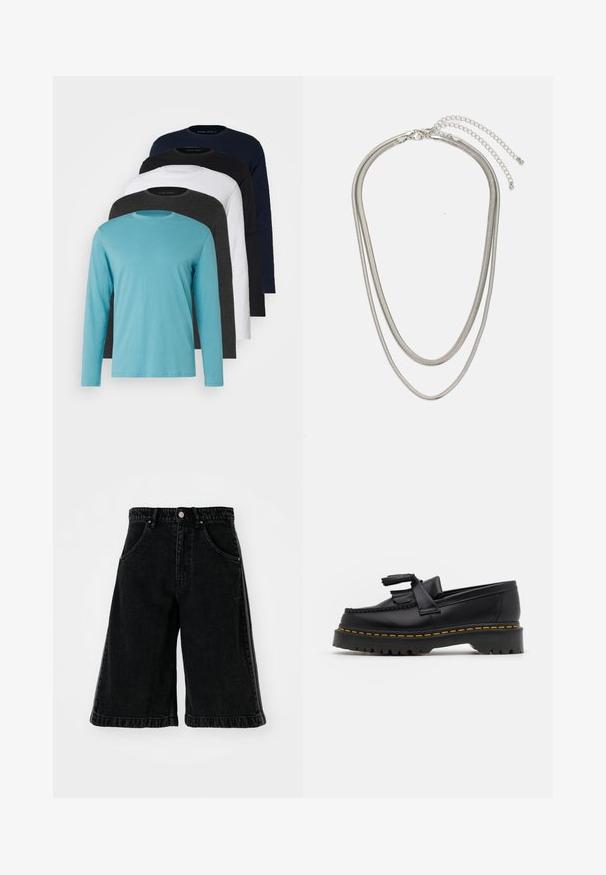 Pieci garie piedurkņu T-krekli rindā: tirkīza, melna, balta, tumši pelēka un jūras zila. Mīksts audums ar apaļu kakla izgriezumu un standarta piegriezumu.; Melni džinsi šorti ar plašu kāju dizainu, ar augstu jostasvietu, jostu cilpiņām un priekšējām kabatām. Minimālisma šuvumi un aparatūras detaļas.; Melnas ādas mokasīni ar pērlītēm uzsvaru, ar masīvu melnu zoli un dzeltenu šuvumu gar malu. Ar teksturētu apdari.; Trīslīmeņu sudraba metāla kaklarota ar gludām, elastīgām ķēdēm, kas spīd, droši piestiprināta ar omā uzgali un regulējamu ķēdi.