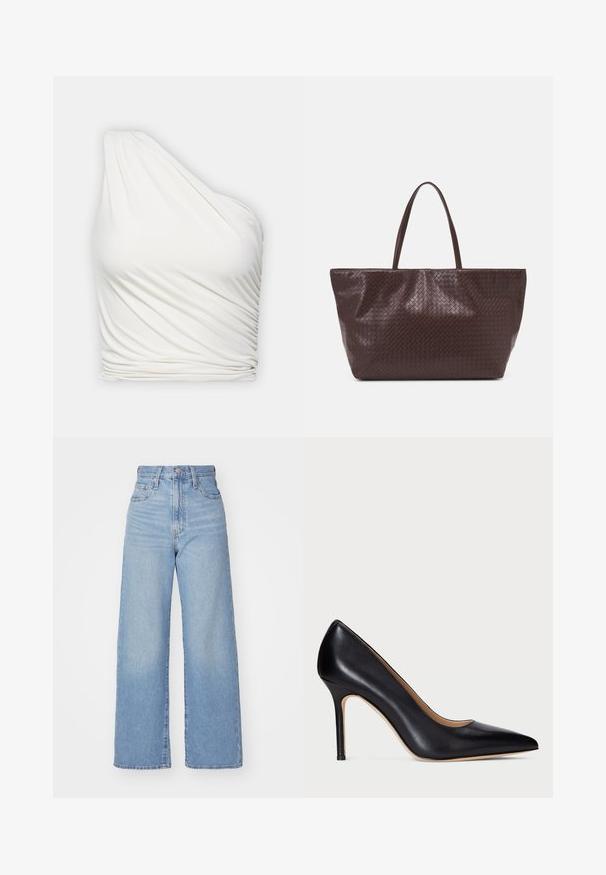 Top alb cu o singură umă, dintr-un material ușor, cu o fâșie drapată. Prezintă o textură plisată pe lateral și un design neted, fluid.; Jeans largi de culoare albastru deschis din denim. Au talie înaltă, design cu cinci buzunare și închidere cu nasture. Croială dreaptă cu o margine curată.; Pantofi cu toc înalt, din piele neagră, cu vârful ascuțit și toc subțire de tip stiletto. Textura netedă și detaliile minime creează un design clasic.; Geantă din piele împletită maro, cu două mânere, formă structurată și suprafață texturată, având un model în diamant pe toată suprafața.
