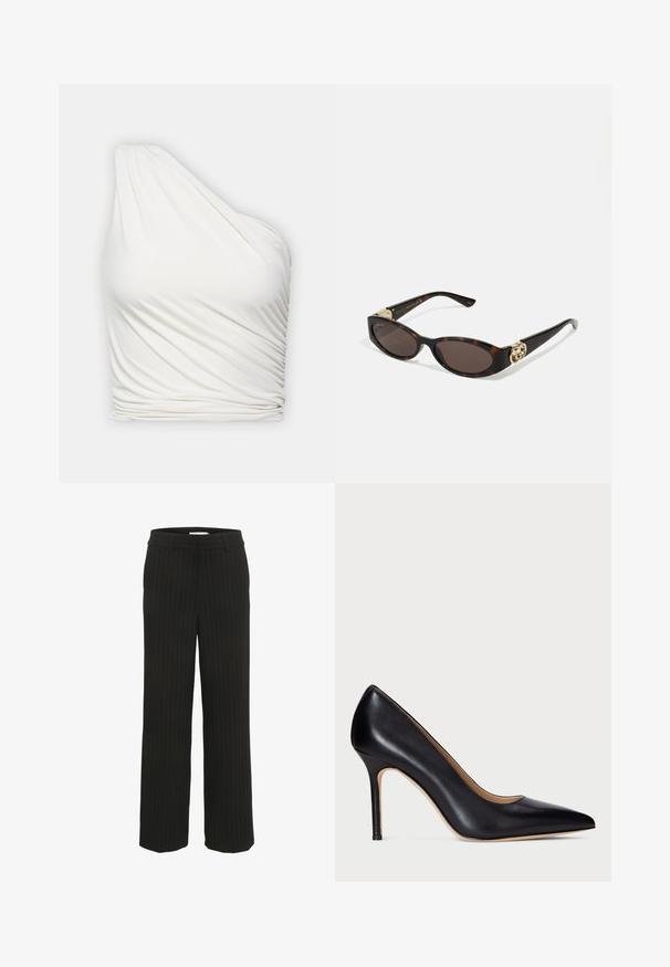 En-skulder hvit topp i lett, drapert stoff. Har en rynket tekstur langs siden og en jevn, flytende design.; Sorte stripet vidde bukser med flat livlinje og beltehemper, laget av vevd stoff, med vertikale striper i en kontrastfarge.; Svart lær høyhælte pumps med spiss tå og slank stiletthæl. Den glatte teksturen og minimale detaljer skaper et klassisk design.; Skilpadde-solbriller med avlange ovale linser, brun tint, gull-logo aksenter på stengene og elegante svarte armer.