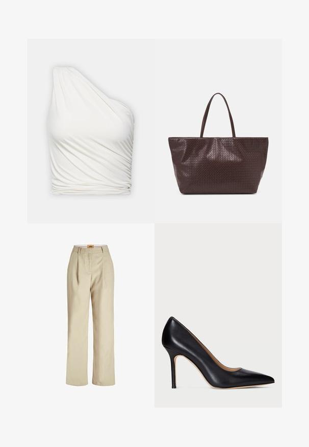 Eno-rameni bela bluzica iz lahkotnega, drapiranega materiala. Ima naguban učinek na strani in gladko, tekočo zasnovo.; Bež hlače širokega kroja, izdelane iz lahkega materiala. Imajo sprednje naborke, gladek pas in oznako znotraj pasu.; Črne usnjene visoke pete s koničastim nosom in tankim stiletto peto. Gladka tekstura in minimalne podrobnosti ustvarjajo klasičen dizajn.; Brahna tkanina iz usnja v rjavi barvi s tema dvema ročajema, strukturo obliko in teksturirano površino, ki vsebuje diamante vzorec po celotni površini.