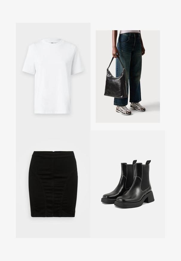 Tricou alb din bumbac, cu guler rotund, cu mâneci scurte și o textură netedă. Proiectat cu o croială lejeră pentru confort și versatilitate.; Fustă tip creion din denim negru cu un design ajustat, având detalii cu cusături verticale și un talie medie pentru o siluetă elegantă.; Botine Chelsea din piele neagră, cu toc masiv, panouri laterale elastice și cusături albe contrastante. Finisaj texturat.; Geantă de umăr din piele neagră, cu o textură netedă și curea ajustabilă, asortată cu blugi evazați și adidași.