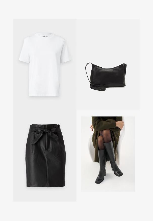 Balts kokvilnas t-krekls ar apaļu kakla izgriezumu, īsām piedurknēm un gludu tekstūru. Izstrādāts ar brīvu piegriezumu, lai nodrošinātu komfortu un daudzpusību.; Melna ādas svārki ar augsto jostasvietu un jostu. Svārkiem ir gluda, mīksta tekstūra un pieguloša silueta.; Ceļgalu augstuma melni ādas zābaki ar kvadrātu purngalu un bloku papēdi, attēloti modelī, kurš sēž olīvu zaļā mētelī. Gluda tekstūra, minimāla apdare.; Melna ādas plecu soma ar gludu tekstūru, izliekta forma, regulējama siksna un rāvējslēdzēja aizdare. Minimālistisks dizains bez rotājumiem.