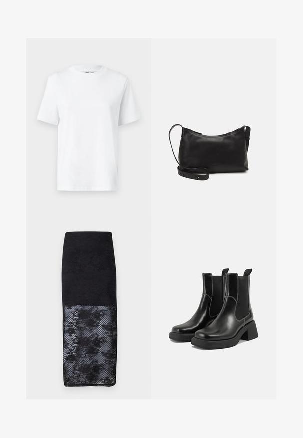 Fehér pamut környakú póló, rövid ujjakkal és sima textúrával. Kényelmes és sokoldalú, laza szabással készült.; MSCH Copenhagen ANTONIE SKIRT - Ceruzaszoknya - black; Fekete bőr Chelsea csizmák masszív sarkakkal, rugalmas oldalsó panelekkel és kontrasztos fehér varrással. Texturált felület.; Fekete bőr válltáska sima felülettel, ívelt formával, állítható pánttal és cipzáras záródással. Minimalista dizájn díszítmények nélkül.