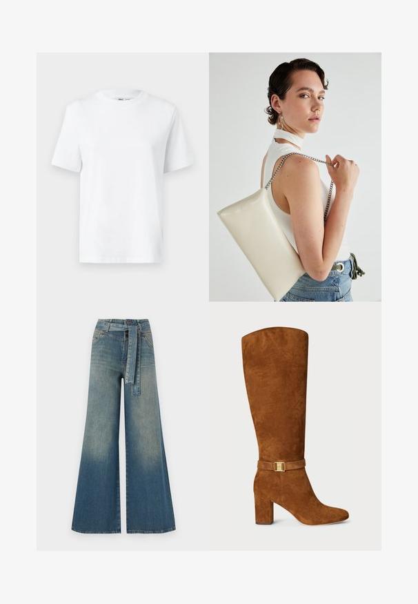 Tricou alb din bumbac, cu guler rotund, cu mâneci scurte și o textură netedă. Proiectat cu o croială lejeră pentru confort și versatilitate.; Pantaloni din denim largi, cu un gradient de la albastru deschis la albastru închis, talie înaltă, bucle pentru curea și o curea din același material. Finisaj texturat din denim.; Botă din daim maro, până la genunchi, cu vârf pătrat, toc chunky și detaliu din metal auriu pe o curea din daim asortată în jurul gleznei.; Geantă de clutch rectangulară albă, realizată dintr-un material lucios, având o curea de lanț argintie. Modelul pozează, evidențiind geanta pe un fundal simplu.