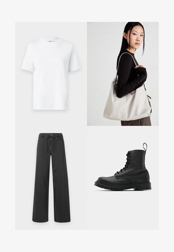 Biela bavlnená tričko s okrúhlym výstrihom, krátkymi rukávmi a hladkou textúrou. Navrhnuté s voľným strihom pre pohodlie a univerzálnosť.; Čierne džínsové nohavice s širokými nohavicami, vyrobené z denimovej látky, s pásom na šnurovanie, dvoma prednými vreckami a hladkou textúrou. Žiadne viditeľné vzory ani akcenty.; Čierna kožená bojová topánka s okrúhlou špičkou, šnurovaním na prednej strane a pútkom pri členku. Má hrubú gumovú podrážku pre trvanlivosť.; Béžová kabelka vyrobená z mäkkého materiálu, s uvoľneným dizajnom, prišitými detailmi a dvoma popruhmi na nosenie na pleciach. Vhodná na každodenné nosenie.
