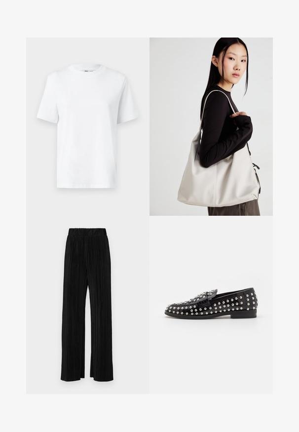 Camiseta de algodón blanca de cuello redondo con mangas cortas y una textura suave. Diseñada con un ajuste relajado para mayor comodidad y versatilidad.; Pantalones negros de pliegues con una cintura elástica. Presentan piernas anchas y una tela suave y texturada con rayas verticales.; Steve Madden BEQUEST - Zapatos sin cordones - black; Bolso de mano beige hecho de material suave, con un diseño holgado, detalles cosidos y dos asas. Adecuado para uso diario.