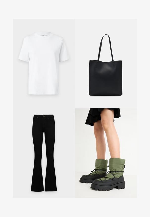 Balta medvilninė marškinėlių suapvalintais kaklais, turinti trumpas rankoves ir lygią tekstūrą. Sukurta su laisvu siluetu, skirtu patogumui ir universalumui.; Juodos aukšto liemens džinsai su mygtuku ir užtrauktuku, priekinėmis kišenėmis ir platėjančiomis kojomis, išdėstyti ant baltos fono.; Žalios paminkštintos kulkšnies botai su juodais gumos padais ir raišteliais. Viršutinė dalis turi siuvinėtą tekstūrą. Masivus padas užtikrina geresnį sukibimą ir stabilumą.; Juodas odinis tote krepšys su lygia tekstūra, stačiakampio formos ir dviem ilgais rankenomis. Matomų metalinių detalių ar puošybos nėra.
