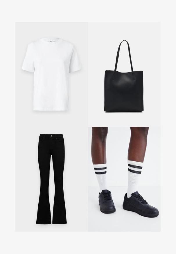 T-shirt en coton blanc à col rond, avec des manches courtes et une texture lisse. Conçu avec une coupe décontractée pour plus de confort et de polyvalence.; Jean noir taille haute avec fermeture à bouton et à zip, poches avant et jambes évasées, posés à plat sur un fond blanc.; Baskets en cuir noir avec une finition texturée, associées à des chaussettes blanches à côtes avec des rayures noires près du haut.; Sac fourre-tout en cuir noir avec une texture lisse, de forme rectangulaire et deux longues poignées. Pas de matériel ou d'ornementations visibles.
