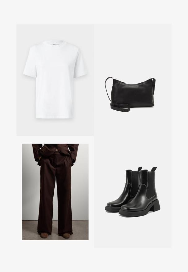 White cotton crew-neck t-shirt featuring short sleeves and a smooth texture. Designed with a relaxed fit for comfort and versatility.; Brown wide-leg trousers made of soft fabric, featuring a smooth texture with side pockets and a tailored fit at the waist.; Black leather Chelsea boots with a chunky heel, elastic side panels, and contrasting white stitching. Textured finish.; Black leather shoulder bag with a smooth texture, curved shape, adjustable strap, and a zip closure. Minimalist design without embellishments.