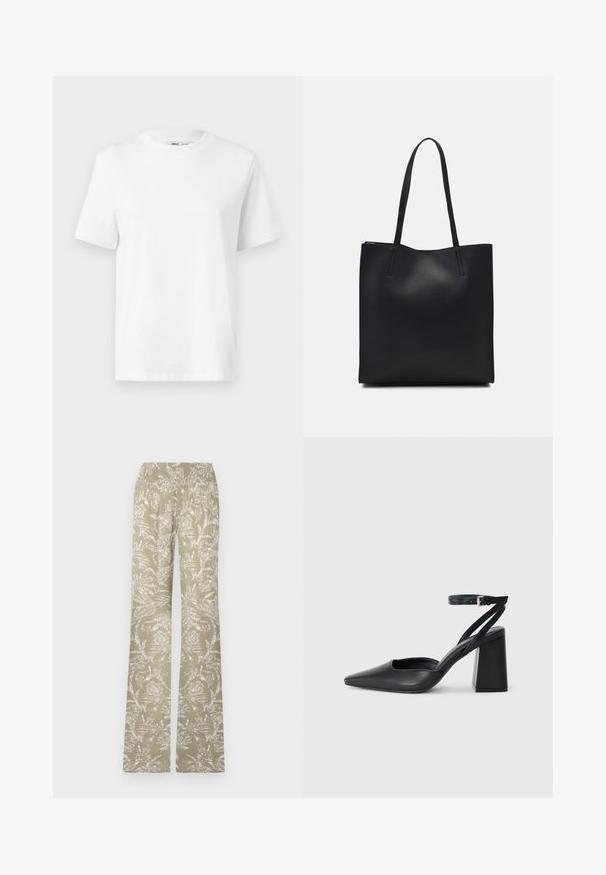 T-shirt bianca in cotone a girocollo con maniche corte e una superficie liscia. Disegnata con una vestibilità rilassata per comfort e versatilità.; Pantaloni svasati in tessuto verde chiaro con un motivo floreale bianco. Presentano una cintura elastica e una superficie testurizzata.; Pump in pelle nera con punta affusolata, cinturino alla caviglia e tacco spesso. Texture piatta, design elegante ed estetica minimalista.; Borsa tote in pelle nera con texture liscia, forma rettangolare e due manici lunghi. Nessun hardware o decorazione visibile.