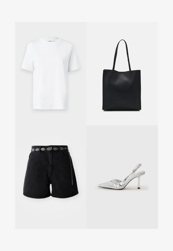 Bjela pamučna majica s kratkim rukavima i okruglim izrezom, s glatkom teksturom. Dizajnirana s opuštenim krojem za udobnost i svestranost.; Crne traperice kratke hlače s visokim strukom, prednjim džepovima i dekorativnim srebrnim lančićem s ovalnim detaljima. Glatka tekstura.; Srebrna slingback salonska cipela s oštrim prstom, metalik završnom obradom, dva dekorativna remena i vitkim potplatom s crnim vrhom.; Crna kožna torba za nošenje s glatkom teksturom, pravokutnim oblikom i dvije duge ručke. Nema vidljivih metalnih dijelova ili ukrasa.