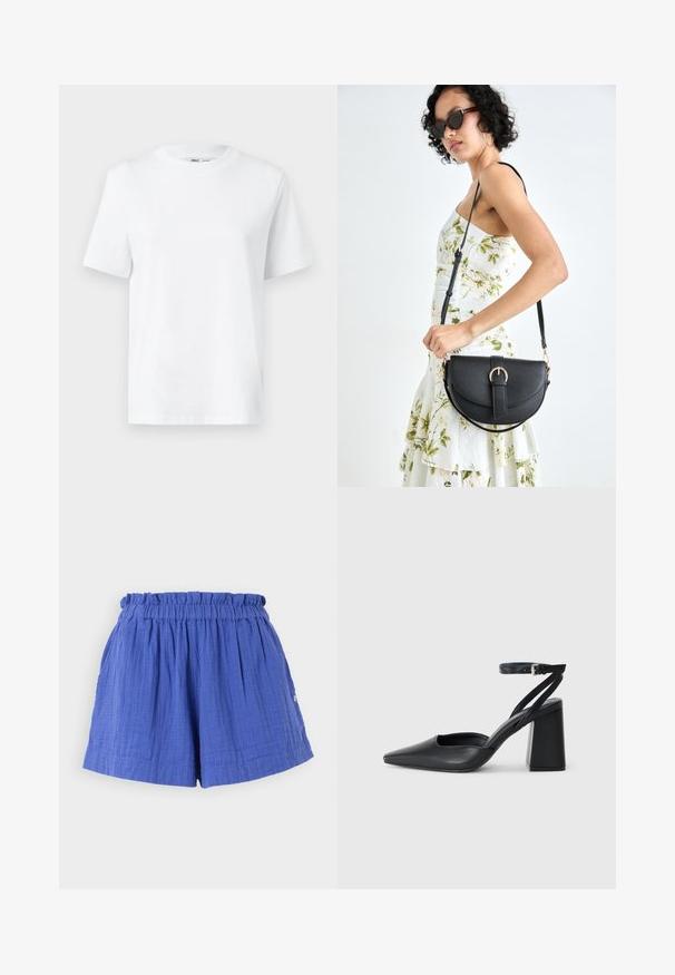 White cotton crew-neck t-shirt featuring short sleeves and a smooth texture. Designed with a relaxed fit for comfort and versatility.; Blue cotton shorts with a gathered waistband and side pockets, featuring a textured fabric and a relaxed fit.; Black leather pointy-toe pump with an ankle strap and a chunky heel. Flat texture, sleek design, and minimalistic aesthetics.; Black leather handbag with a curved shape, detachable strap, and gold hardware. The bag features a flap with a buckle detail.