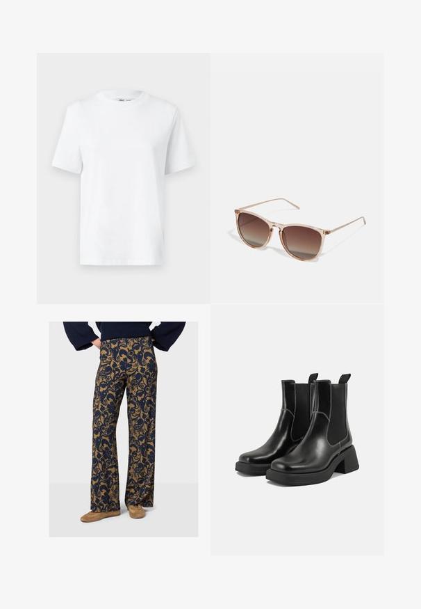 White cotton crew-neck t-shirt featuring short sleeves and a smooth texture. Designed with a relaxed fit for comfort and versatility.; Flared trousers featuring a floral navy pattern on a tan background, made of soft fabric with a smooth texture and wide leg design.; Black leather Chelsea boots with a chunky heel, elastic side panels, and contrasting white stitching. Textured finish.; Brown gradient sunglasses with a translucent pink frame, square shape, and thin metal arms. Features rounded edges and minimal detailing.