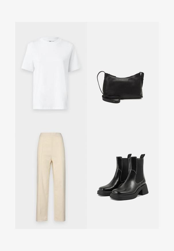 White cotton crew-neck t-shirt featuring short sleeves and a smooth texture. Designed with a relaxed fit for comfort and versatility.; Cream-colored, straight-leg trousers made of cotton, featuring front pleats, a smooth texture, and a waistband with no visible hardware.; Black leather Chelsea boots with a chunky heel, elastic side panels, and contrasting white stitching. Textured finish.; Black leather shoulder bag with a smooth texture, curved shape, adjustable strap, and a zip closure. Minimalist design without embellishments.