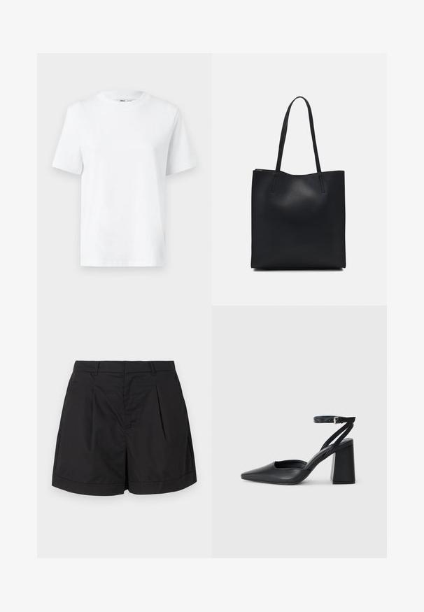 White cotton crew-neck t-shirt featuring short sleeves and a smooth texture. Designed with a relaxed fit for comfort and versatility.; Black shorts made from a lightweight, smooth fabric. Features pleats at the front, a tailored silhouette, and a rolled cuff at the hem.; Black leather pointy-toe pump with an ankle strap and a chunky heel. Flat texture, sleek design, and minimalistic aesthetics.; Black leather tote bag with smooth texture, rectangular shape, and two long handles. No visible hardware or embellishments.