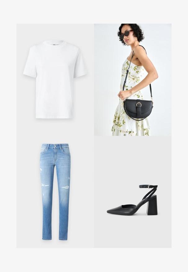 Camiseta de algodón blanca de cuello redondo con mangas cortas y una textura suave. Diseñada con un ajuste relajado para mayor comodidad y versatilidad.; Jeans de denim azul claro con corte recto, que presentan parches desgastados y un leve desvanecimiento. Cierre de botón metálico y diseño clásico de cinco bolsillos.; Zapato de tacón puntiagudo de cuero negro con tira en el tobillo y tacón ancho. Textura plana, diseño elegante y estética minimalista.; Bolso de piel negra con forma curva, correa desmontable y herrajes dorados. El bolso cuenta con una solapa con un detalle de hebilla.