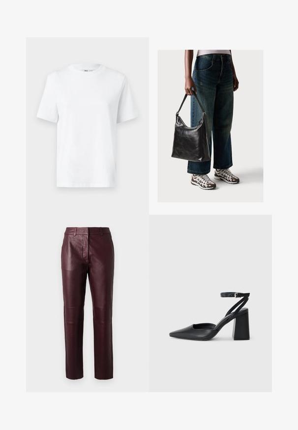 Camiseta de algodón blanca de cuello redondo con mangas cortas y una textura suave. Diseñada con un ajuste relajado para mayor comodidad y versatilidad.; Pantalones de cuero burdeos con un diseño ajustado, sutil brillo y textura suave. Presenta una cintura de altura media y piernas rectas.; Zapato de tacón puntiagudo de cuero negro con tira en el tobillo y tacón ancho. Textura plana, diseño elegante y estética minimalista.; Bolso de hombro de cuero negro con una textura suave y correa ajustable, combinado con jeans de pierna ancha desgatados y zapatillas deportivas.