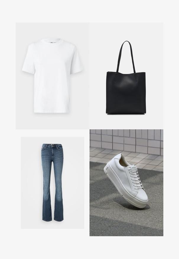 White cotton crew-neck t-shirt featuring short sleeves and a smooth texture. Designed with a relaxed fit for comfort and versatility.; Bootcut jeans made of blue denim. Features a mid-rise waist, five pockets, subtle stitching, and a slightly faded look on legs.; White leather sneaker with a low-top design, flat laces, rounded toe, and textured sides. Thick rubber sole with subtle accents.; Black leather tote bag with smooth texture, rectangular shape, and two long handles. No visible hardware or embellishments.