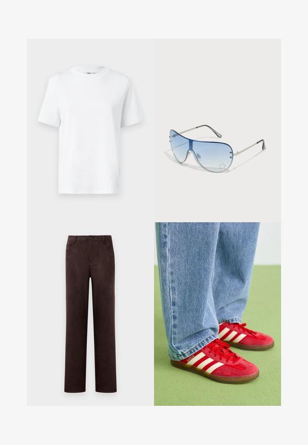 White cotton crew-neck t-shirt featuring short sleeves and a smooth texture. Designed with a relaxed fit for comfort and versatility.; Straight-leg dark brown suede pants with front button and zip closure, belt loops, and side pockets.; Red suede sneakers with three white stripes, round toe, and textured outsole, paired with light blue denim jeans on a green background.; Aviator sunglasses featuring a gradient blue lens, silver metal frame, and decorative star accents on the lens. Smooth and sleek design.