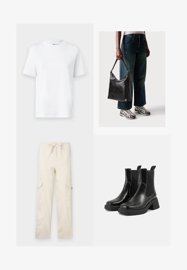 T-shirt branca de algodão com decote redondo, featuring mangas curtas e uma textura suave. Projetada com um corte solto para conforto e versatilidade.; Calças cargo bege com cintura ajustável por cordão, apresentando dois bolsos laterais e costuras decorativas. Feitas de material de algodão leve.; Botas Chelsea em couro preto com um salto grosso, painéis laterais elásticos e costura branca em contraste. Acabamento texturizado.; Bolsa de ombro em couro preto com textura suave e alça ajustável, combinada com jeans de perna larga desbotados e ténis desportivos.