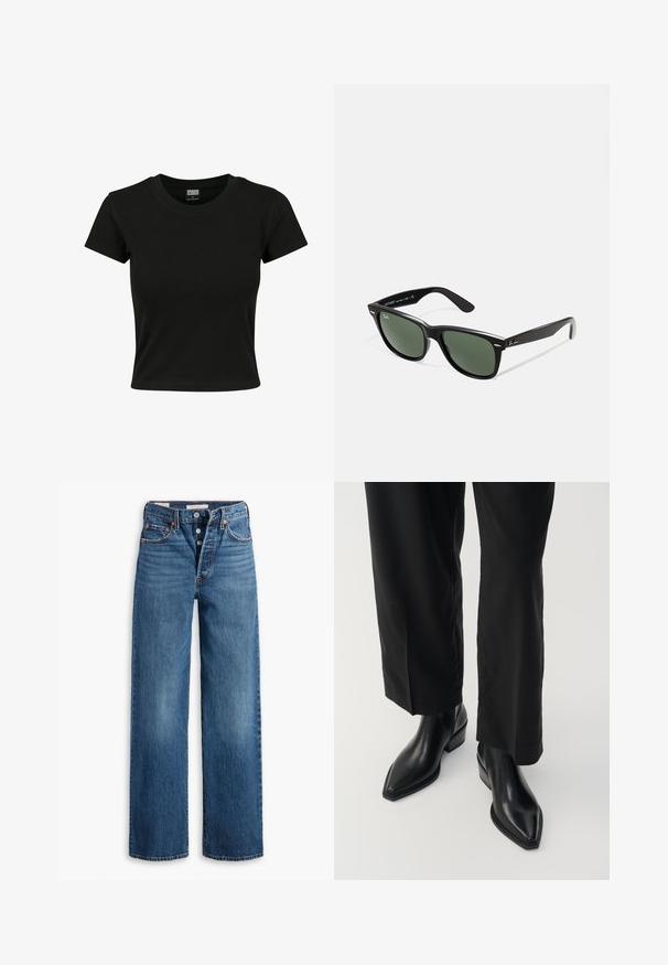 Czarny t-shirt z krótkim rękawem wykonany z gładkiego materiału bawełnianego, z okrągłym dekoltem i dopasowanym kształtem. Brak widocznych wzorów lub akcentów.; Niebieskie dżinsy o szerokim kroju, pięć kieszeni, zapięcie na guzik oraz kontrastowe przeszycia. Teksturowany materiał o wyblakłym wykończeniu.; Czarne skórzane botki sięgające kostki z wydłużonym noskiem, gładką fakturą i kwadratowym obcasem. W połączeniu z czarnymi spodniami o szerokich nogawkach, tworzącymi elegancką sylwetkę.; Czarne plastikowe okulary przeciwsłoneczne z zielonymi szkłami, kwadratowe oprawki, srebrny akcent na brwi oraz fakturowane ramiona temple. Nazwa marki podana na wewnętrznej stronie ramion.; Torba hobo wykonana z teksturowanej skóry w brązowo-białą łatę, o zakrzywionym kształcie i pojedynczym pasku na ramię z złotymi akcentami.; Złote kolczyki w kształcie obręczy z gładkim, zwężającym się fasonem. Posiadają polerowane wykończenie i zakrzywioną sylwetkę, podkreślając nowoczesny kształt.